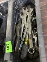 Miscellaneous craftsman wrenches, screwdriver, nail gun, pliers, and other tools