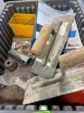 2 trowels, wrench, scissors and more in tote