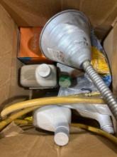 Metal funnel, oil, and misc items