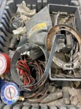 Manifold gauge, wrenches, black pipe fittings, drill bits and other various items