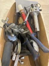 Box with hydraulic cylinder, tin snips, wire brushes, gauge and other various items