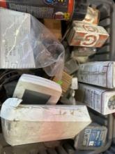Tote with flex seal, electrical capacitors, roofing screws, thermostat and other various items