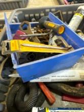 Tote contains wood boring bit, tubes of DAP, drill bits, misc hoses and other various plumbing items