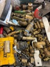 This tote contains brass/copper fittings of various sizes and types, ball valves, stub out and many