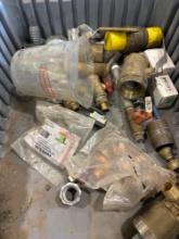 Tote with pex rings, brass/copper fittings, ball valve and other various items