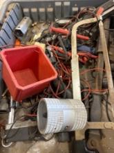 Tote with multiple various items, ridgid inner-outer reamer, hand saw, wrenches, and more