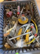 Dewalt grinder wheel, various screwdrivers, sockets drill bits, and other items
