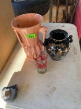 McCoy pink vase, Vintage Hazel Atlas tumbler tea glass, and blue vase Measurements in photos
