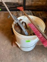 Five batteries 5 gallon bucket with miscellaneous nuts, bolts and Screws, ice, scraper, and multiple