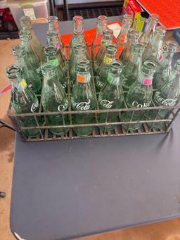 Vintage 1940s metal 24 pack Coca Cola carrier with 24 vintage coke glass bottles
