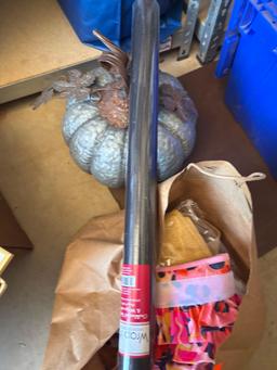 Metal decor, pumpkin chalkboard table, runner and wrap with chalk 50 ft. Burlap ribbon and baby