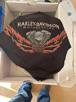 Harley Davidson rag, flashlights, plates, Oklahoma glass, wire stands