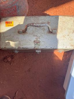 vintage metal tackle box with items