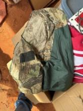 Camo bird hunting vest, Nebraska Cornhusker light and flag, pots and dolls