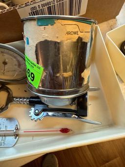 Small sifter, thermometers, egg separators, wine bottle opener in tray