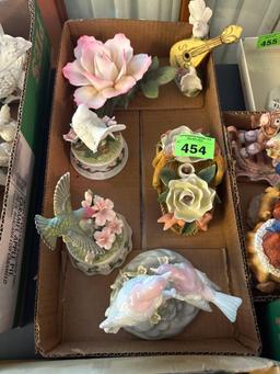 2 bird boxes, 2 bird figurines, bisque rose, bisque magnolias in basket