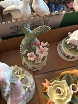 2 bird boxes, 2 bird figurines, bisque rose, bisque magnolias in basket