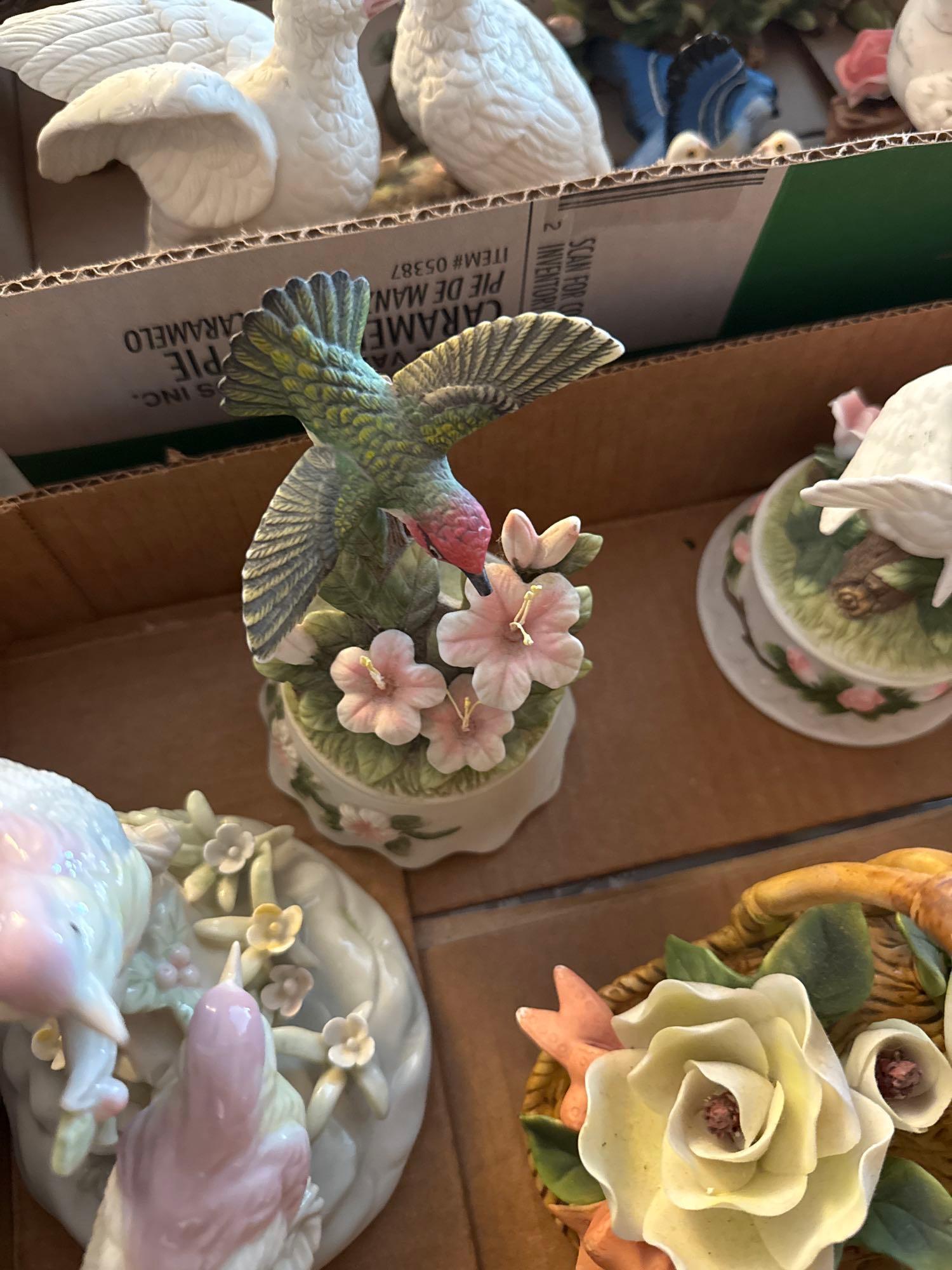 2 bird boxes, 2 bird figurines, bisque rose, bisque magnolias in basket