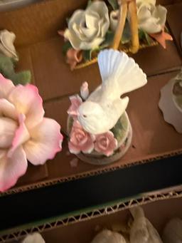 2 bird boxes, 2 bird figurines, bisque rose, bisque magnolias in basket