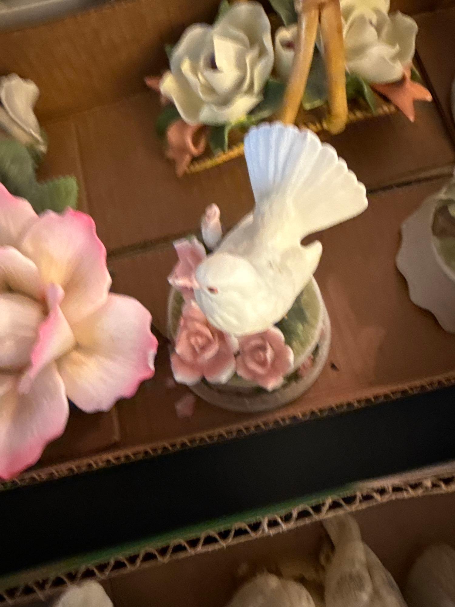 2 bird boxes, 2 bird figurines, bisque rose, bisque magnolias in basket