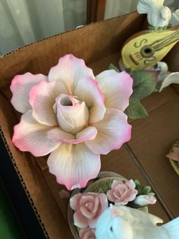 2 bird boxes, 2 bird figurines, bisque rose, bisque magnolias in basket
