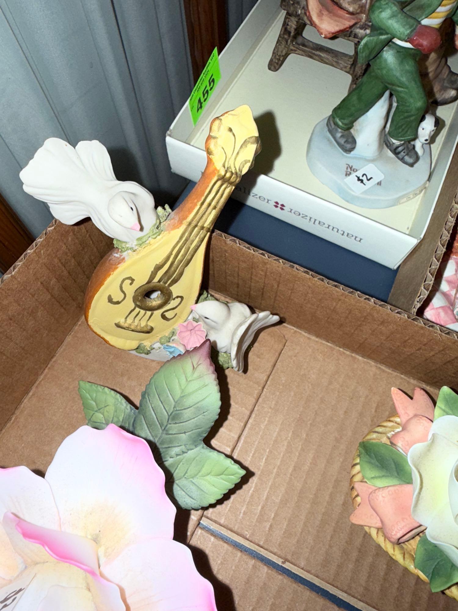 2 bird boxes, 2 bird figurines, bisque rose, bisque magnolias in basket