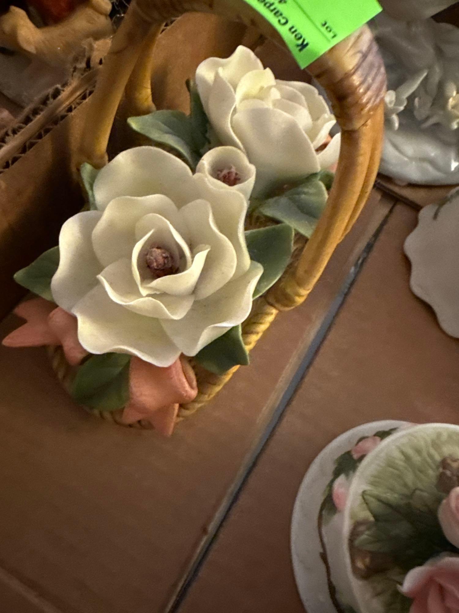 2 bird boxes, 2 bird figurines, bisque rose, bisque magnolias in basket