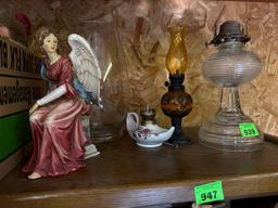 3 oil lamps, vase, Angel