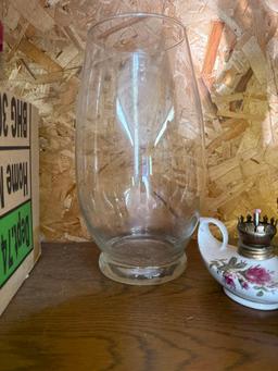 3 oil lamps, vase, Angel