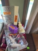 Sewing lamp, portable bobbin winder, storage case for thread, tote of large spools of thread