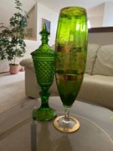 Vintage Diamond Cut Green Glass Compote Footed 16 Inches Tall