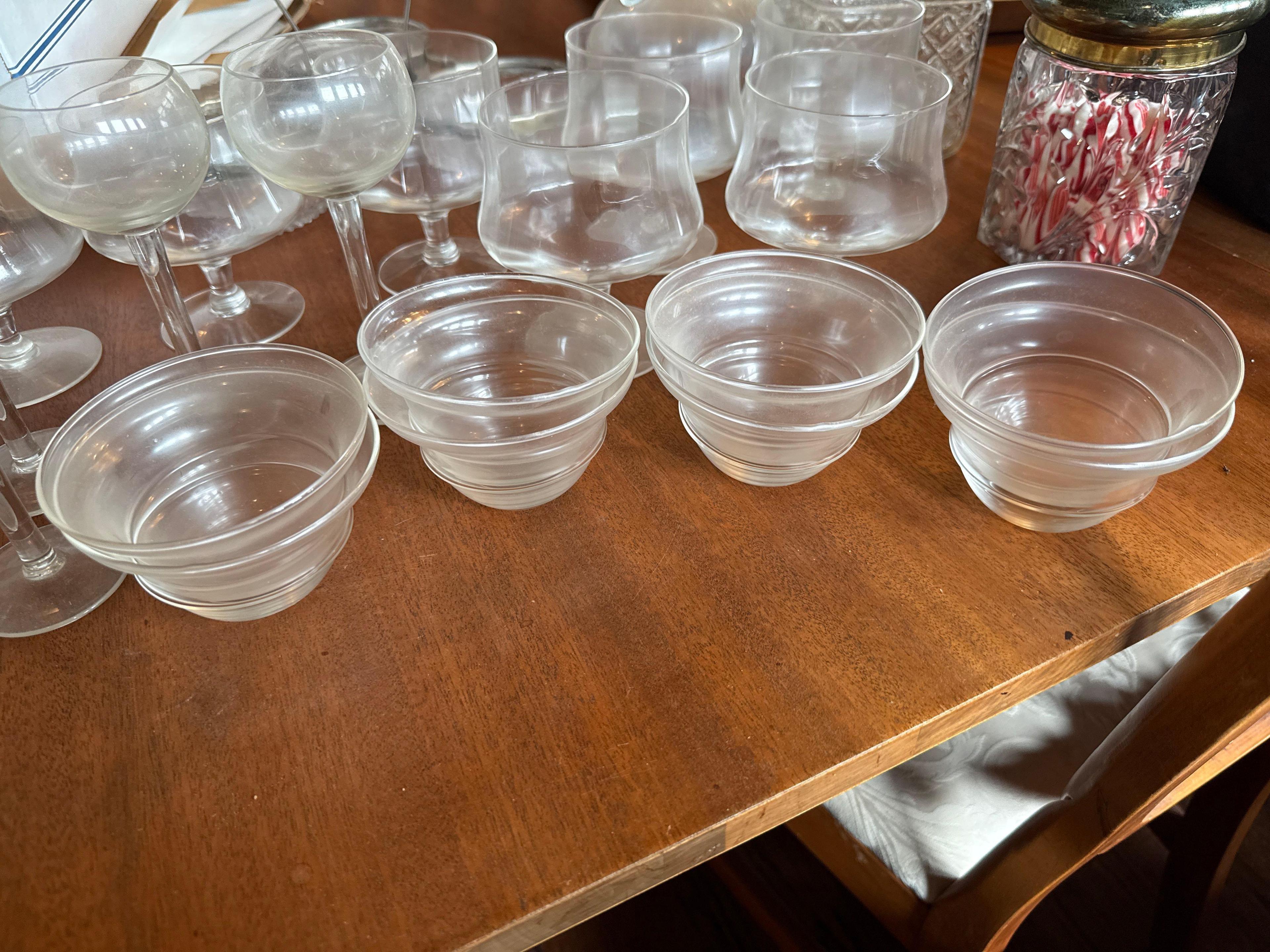 Sets of7 brandy glasses, set if 6 red wine or sherry glasses, set of 8 dessert cups, candy jar,