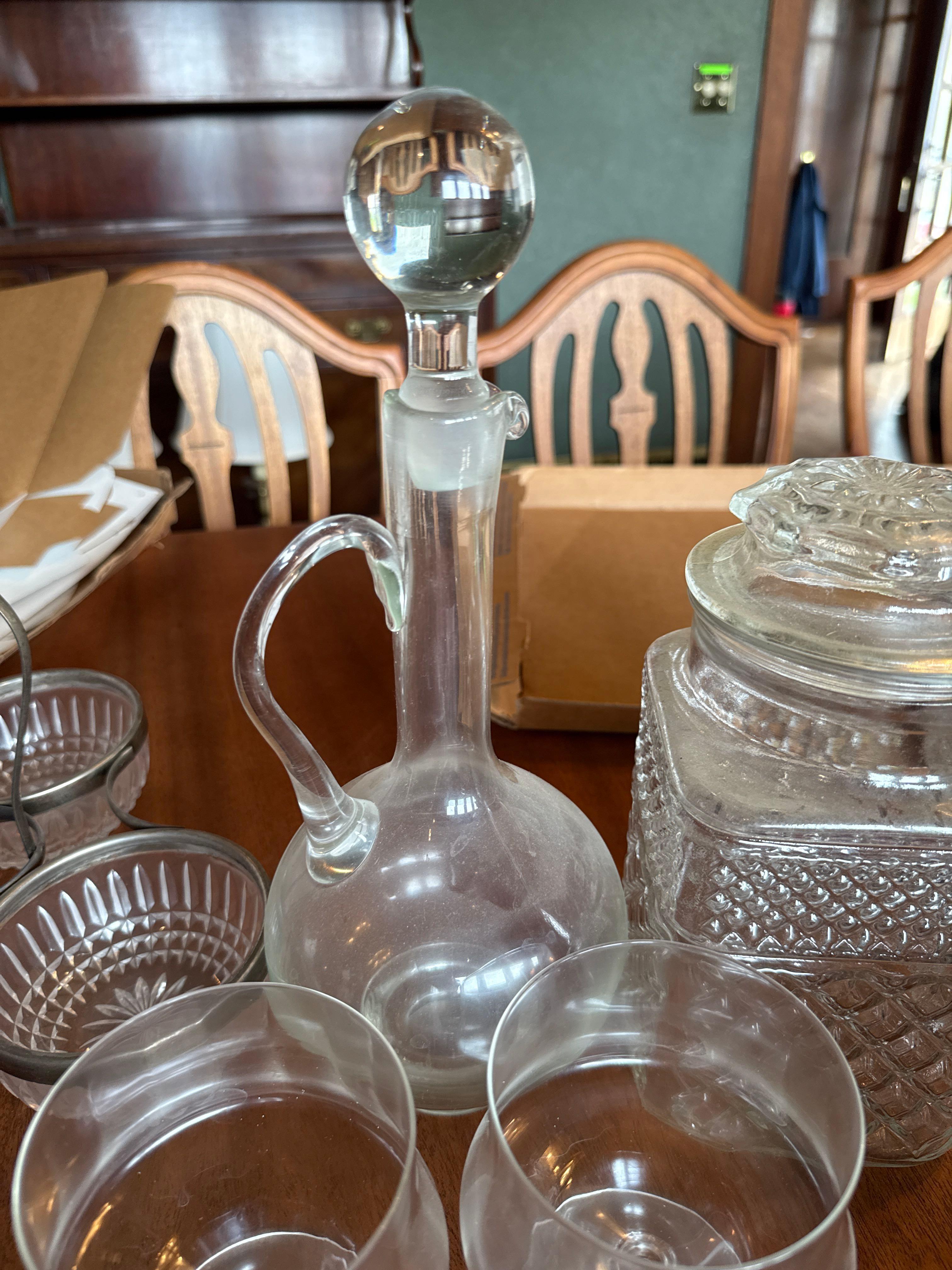 Sets of7 brandy glasses, set if 6 red wine or sherry glasses, set of 8 dessert cups, candy jar,