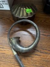 Vintage brass horn and brash shell container with keys