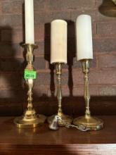 3 brass candle holders, candle snuffer