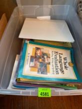 Tote with binders, flash cards, activity books and self taught learning books and other office