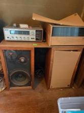 United audio record player, tune o matic radio, 2 floor speaker (one needs repair), and 2 wood