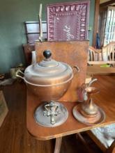 Conserve cooker, tin sign, planting tool, copper urn, copper pitcher and plate