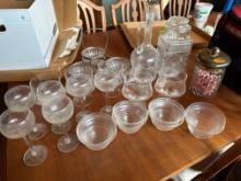 Sets of7 brandy glasses, set if 6 red wine or sherry glasses, set of 8 dessert cups, candy jar,