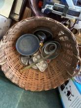 Glass holder, plate storage squares, silver duster cloth, table cloth, wicker clothes basket, wicker