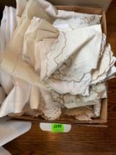 Box of table cloths, table runners, crochet doilies, doily table clothes, cloth napkins