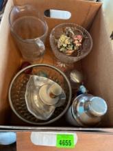 Box of glass trinkets, salt and pepper shakers, glass pitcher, and small glass floral decor