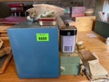 Small metal organizing bin with trays, contents included. Recipe card box, 6V battery, and other