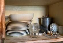 Whole middle shelf, dish set with plates and bowls, other dishes