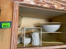 While top shelf, glasses, bowls, storage racks and more
