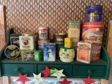 Wall hanging shelf with antique bins and welcome decor