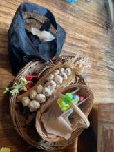 Woven basket, kitchen decor, beach tote with swim cover and other items