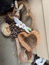 Easter wreath, wicker heart, small bench, hanging dried peppers, basket