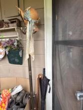 Coat tree, hat, 2 canes, umbrella