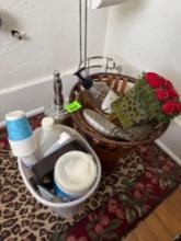 Wicker baskets, soap, dish, cleaning supplies, toilet paper roll hanger, rugs 5 foot x 3 foot(large